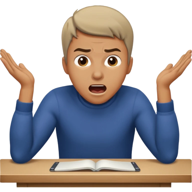 man working at table, leaning forward, hands on table, shouting with determination emoji