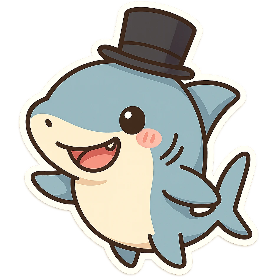 cartoon shark with a black top hat, smiling, cute and playful emoji