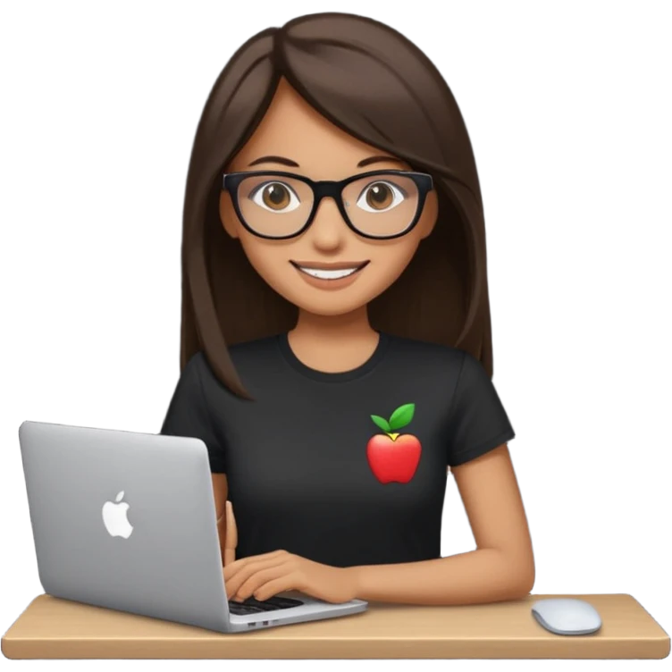 woman with tan skin, long straight dark-brown hair and glasses, smiling and holding mac computer, wearing black t shirt emoji