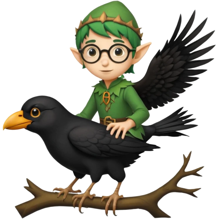 tiny forest elf with round glasses riding crow emoji