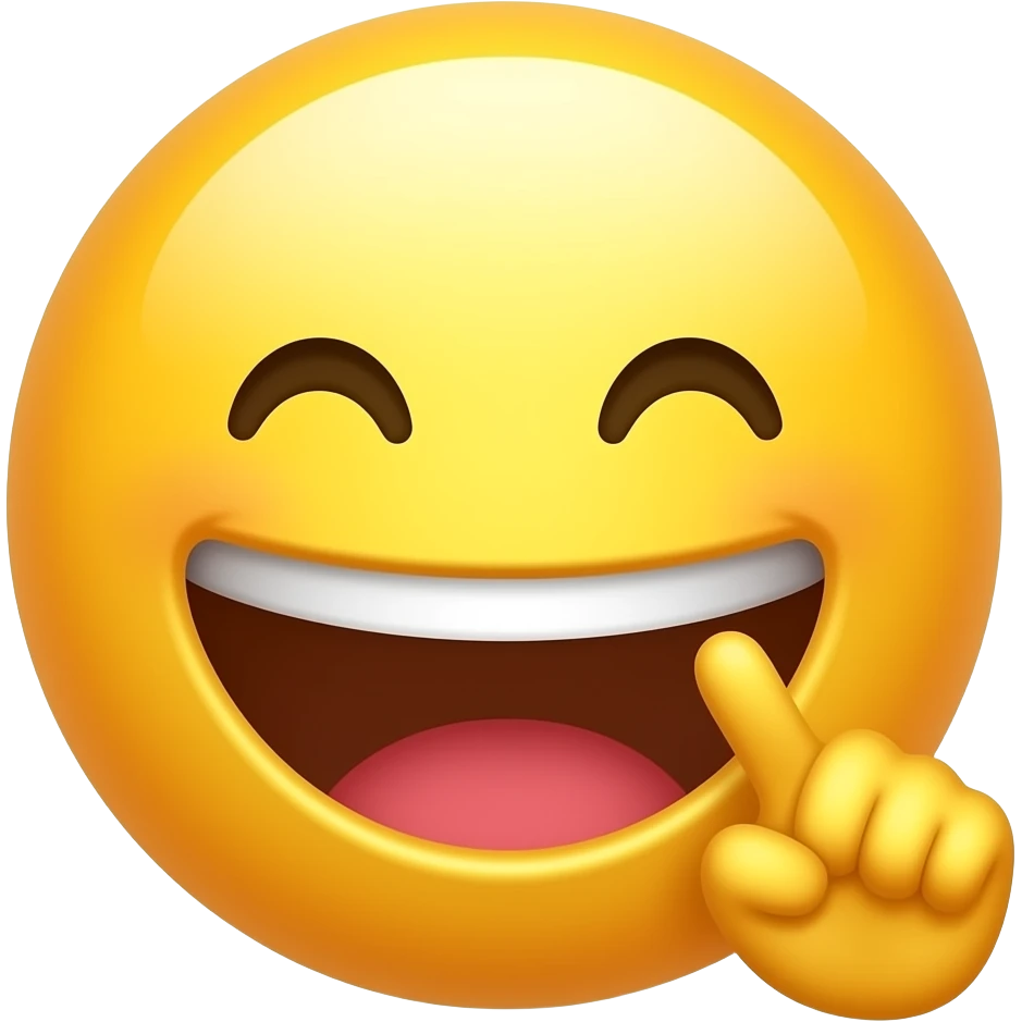 Смайлик  жёлтый и круглый который очень сильной смеётся и указывает пальцем emoji