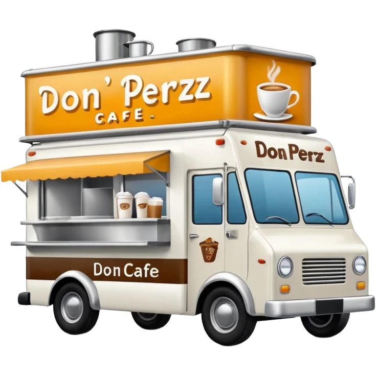 white coffee truck with don perez cafe sign emoji