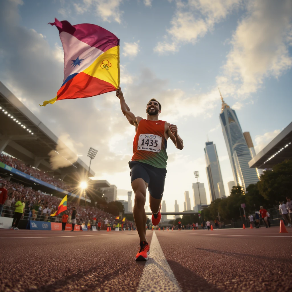 happy runner waving a flag of Olympic emoji