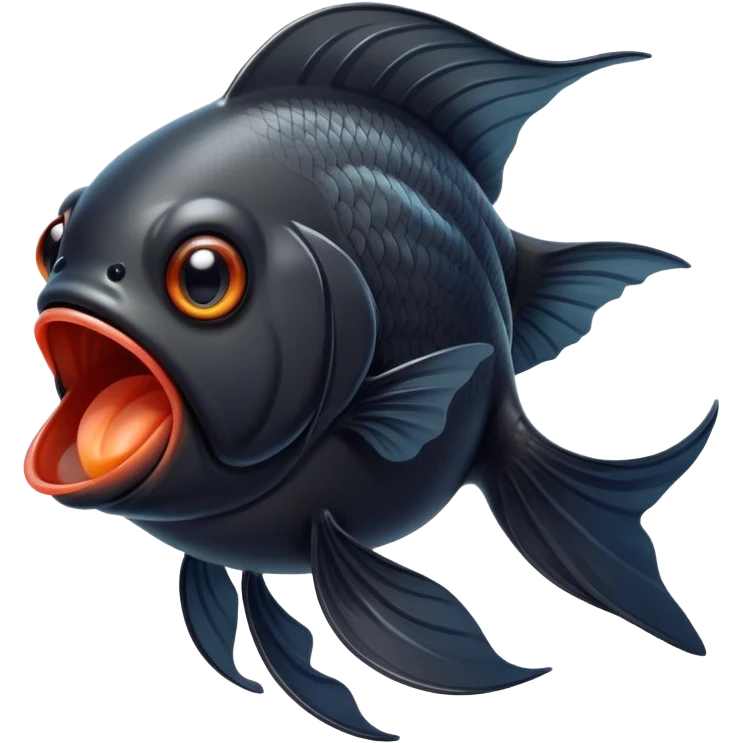 Cinematic Cute Yawning Black Goldfish Portrait Emoji, Head tilted slightly with a dramatic, wide-open yawn, showcasing a smooth, deep black body with elegant, flowing fins, eyes barely open in drowsy contentment, Simplified yet irresistibly adorable features, highly detailed, glowing with a soft, cozy glow, high shine, relaxed yet expressive, stylized with a touch of whimsy, bright and endearing, soft glowing outline, capturing the essence of a sleepy yet affectionate goldfish, so drowsy it feels like it could float out of the screen and curl up for a nap! emoji