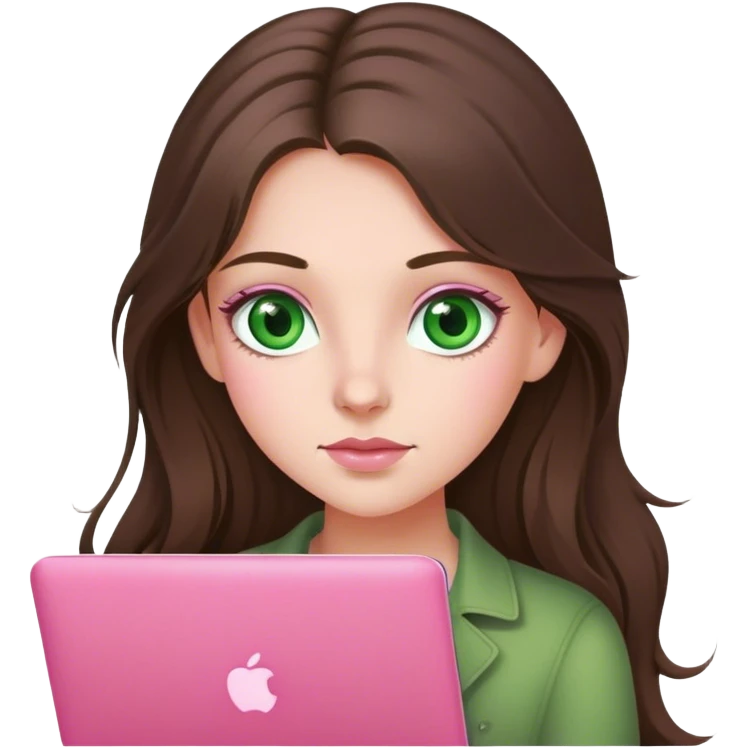 brunet smm girl with long hear and green eyes with pink mac book emoji