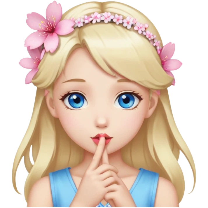 Girl with blond hair and sakura accessories on her hair have blue eyes beautiful finish and she sending lovely kisses  emoji