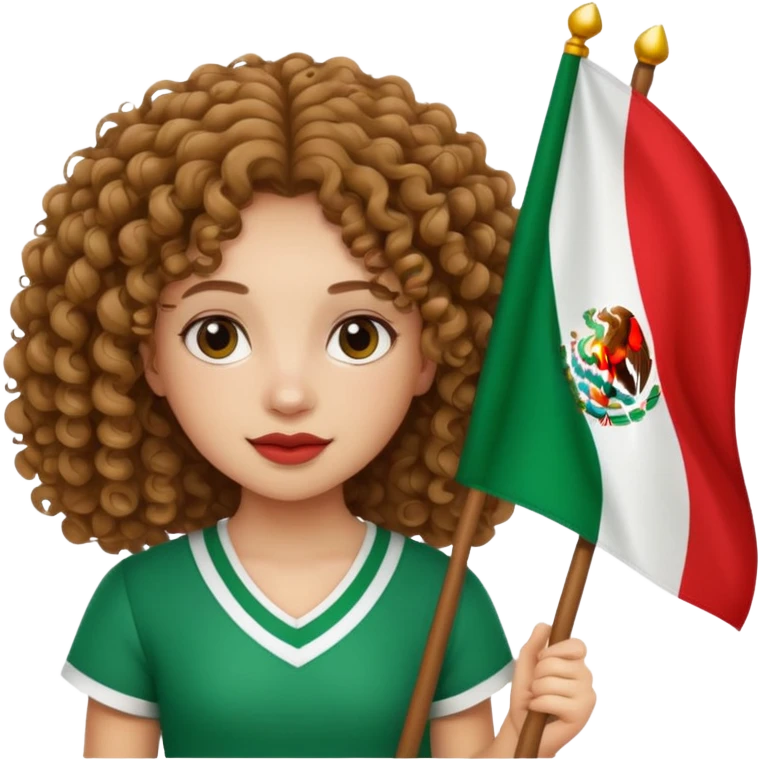 A pale light skin brown girl with curly hair that is holding a Mexican flag  emoji