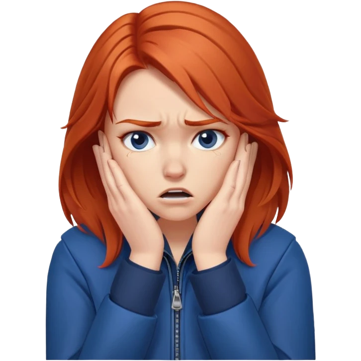 Redhead girl with mid length hair in blue jacket angry facepalm emoji