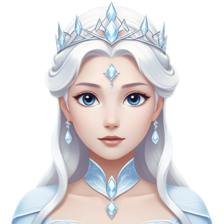 Cinematic Majestic Snow Queen Portrait Emoji, rendered in a clean, vector-style with bold, simplified shapes. Show Elsa with a serene, noble expression, luminous icy skin and gracefully styled platinum hair adorned with subtle crystalline accents, her attire minimal yet majestic. The design radiates a cool, crystalline glow with high shine and a soft glowing outline, embodying timeless, frosty elegance. emoji