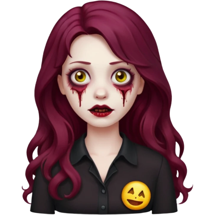 Faça me um emoji de um zumbi mulher de cabelos vermelho borgonha longos ondulado usando uma blusa preta, faça no estilo iphone emoji