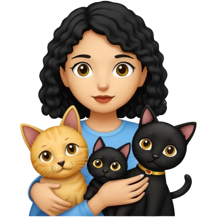 A girl with long black hair is holding a black cat, a yellow short-haired cat, and a curly-haired dog emoji