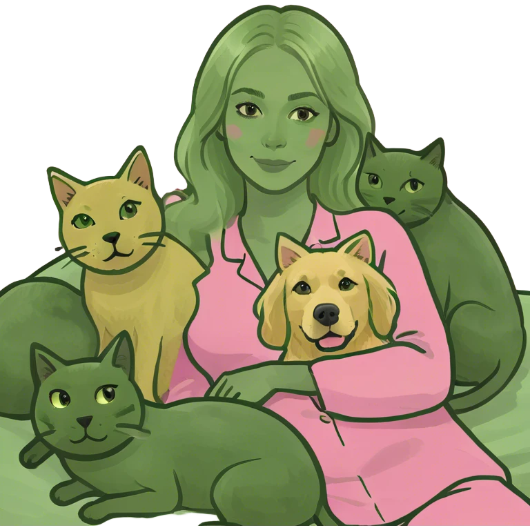 Blonde woman in bed with two cats and a golden retriever emoji