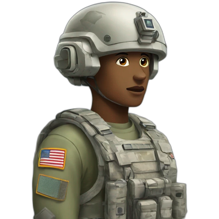 AI senior looking at military tech emoji
