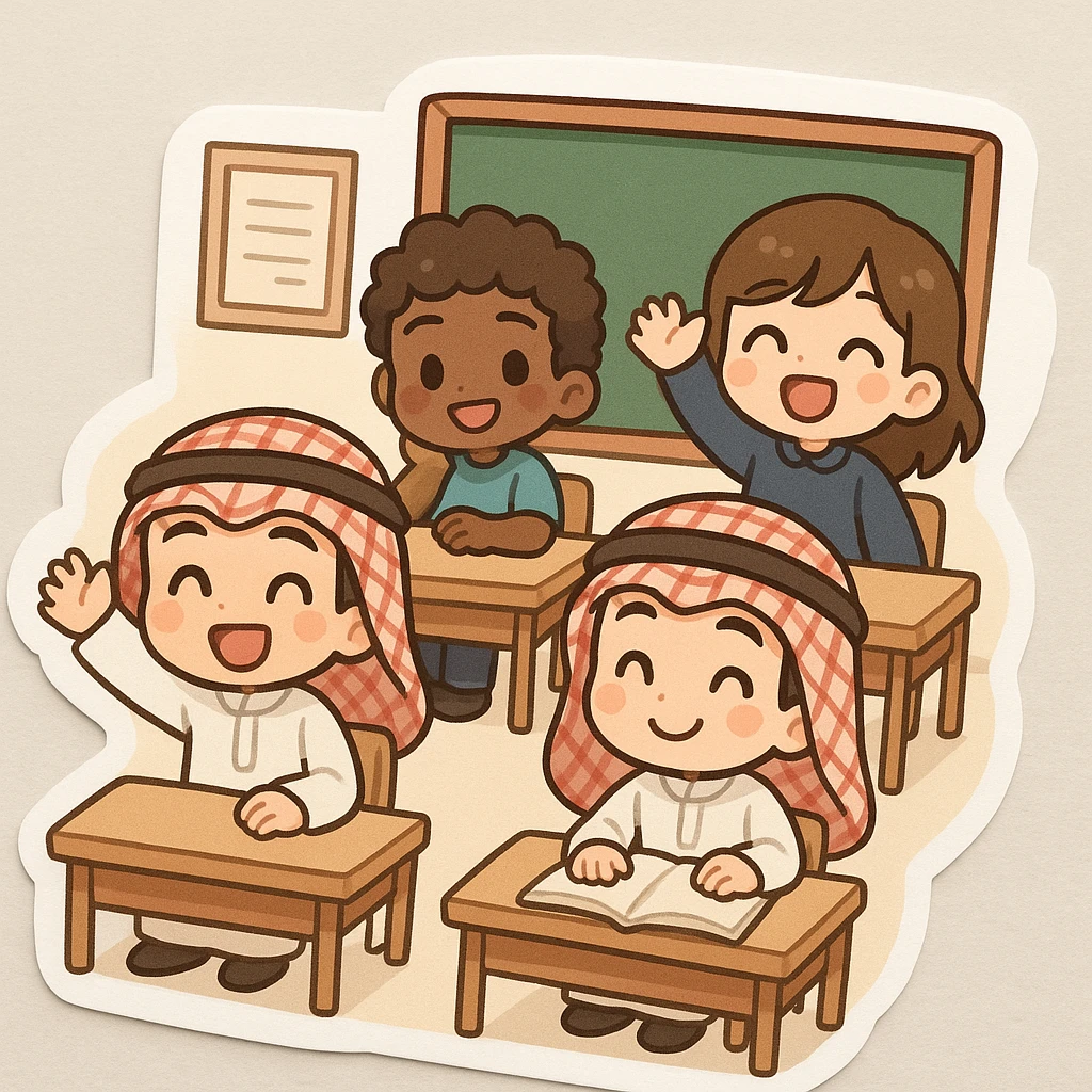 chibi-style classroom with diverse children, a few wearing red and white shemagh, playful and cute, school environment emoji