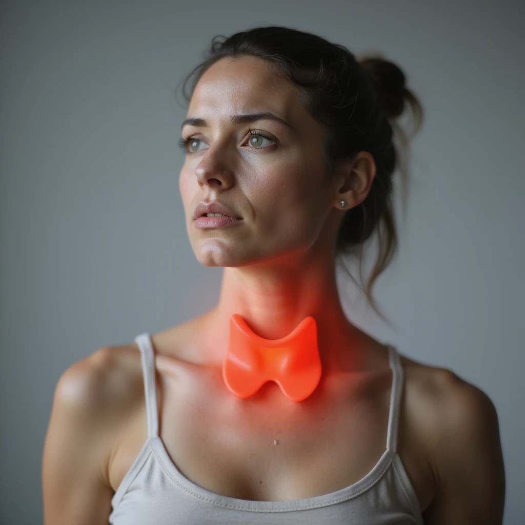 realistic woman with non-functioning thyroid highlighted in red on the neck, tired expression, anatomical focus on thyroid area, hyperrealism, 4K, neutral background emoji