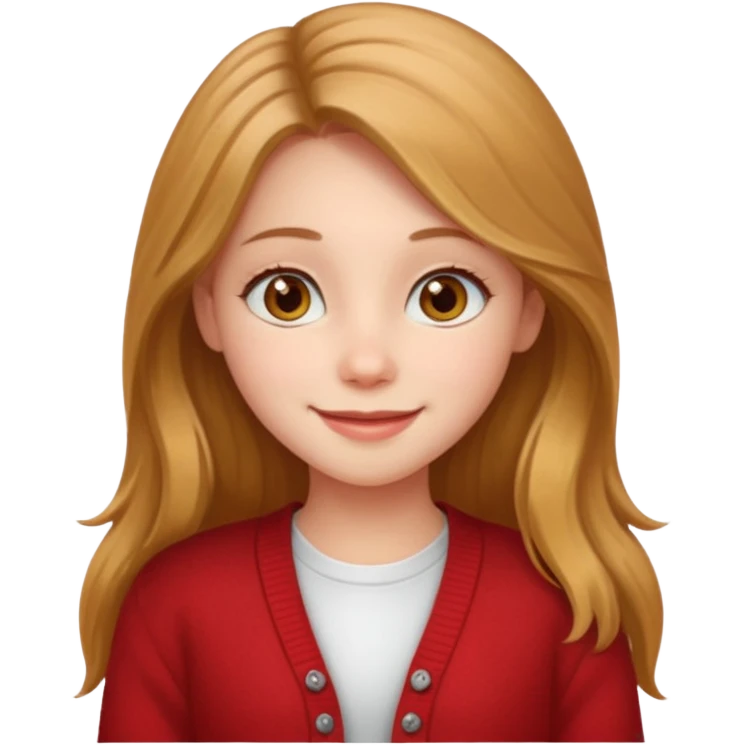 create a girl with hazel long hair, hazel eyes and beautiful smile, and red colour cardigan emoji