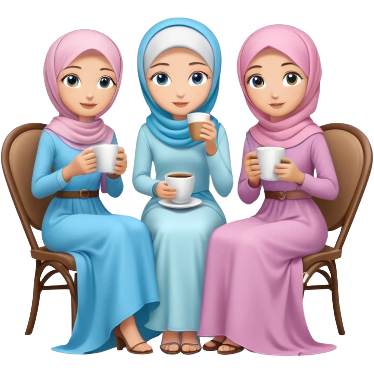 Turkish beautiful finish Konya girls blue eyes with pastel hijab long tail dress and the two friends sits on the chair on the ground and holds cup coffe with her hand  emoji