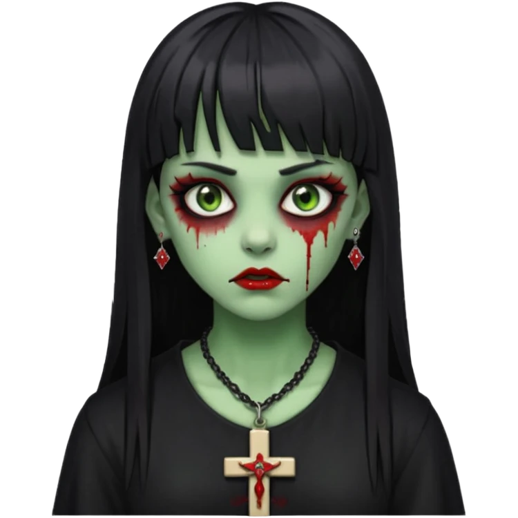 zumbi verde com olhos vermelhos sangrando e franja roupa preta e um crucifixo como colar, sem ser na testa e um piercing no nariz bem feminino a franja reta também  emoji