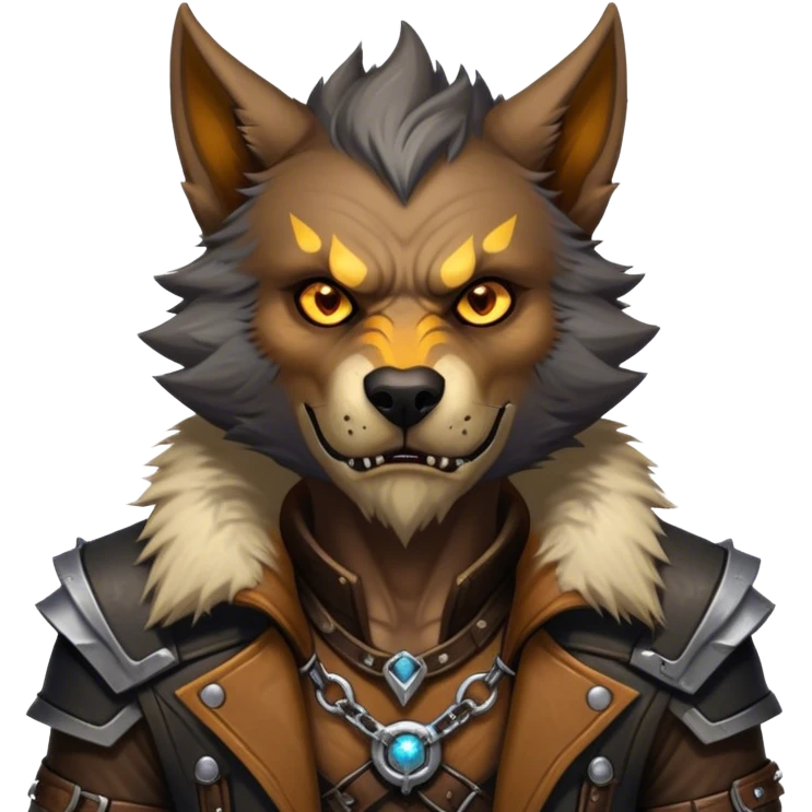 Cinematic Realistic WoW Worgen Portrait, head tilted epicly and inquisitively, showcasing the striking fusion of human intellect and beastly ferocity. His rugged fur and tanned skin, accented by piercing amber eyes and meticulously rendered worn leather garments, are bathed in dynamic lighting, high shine, epic and awe-inspiring, capturing the relentless spirit of a worgen at the apex of his power. emoji