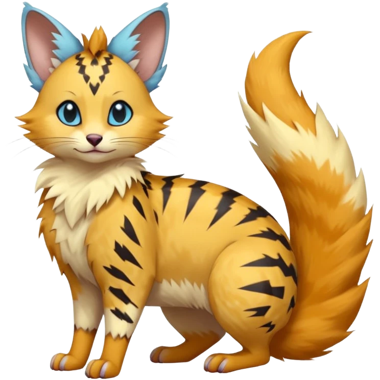 sunburnt mango-saffron fur shattered by electric sky-blue zigzag scars beautiful elegant pretty precious cute  Fakémon-Pokémon-opossum-feline-serval-caracal-chinchilla-Furret-Minccino-hybrid-creature with a big fluffy bushy tail (full body) emoji