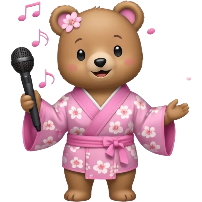 A cute light-brown bear wearing a pastel pink sakura-patterned kimono, normal balanced body ratio.  
Holding a microphone and singing happily, music notes floating around and a bright joyful smile.  
Kawaii emoji style, minimalistic clean sticker illustration, white background. emoji