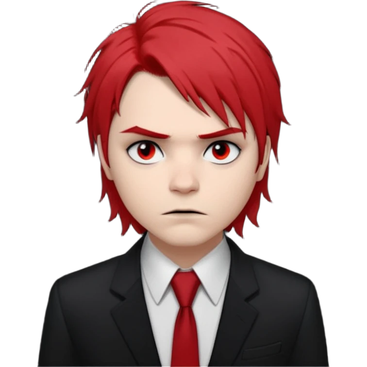 🎨 Classic Emoji — Gerard Way (Revenge Era)
Round, simplified emoji style
Pale skin tone
Jet-black, shoulder-length hair messy and emo
Heavy eyeliner and slight red shadow under the eyes
Subtle serious / melancholic expression
Hint of red tie visible on black button up shirt.
Transparent background emoji