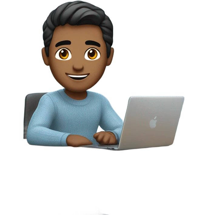memoji of a man with a laptop in front, apple-style,modern,slightly brown skin,black hair,slightly broad nose, smile on face, ,light blue sweater,computer on table,sitting on his desk emoji
