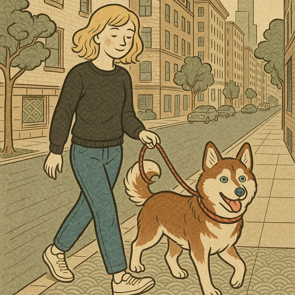 Cute Blonde woman wearing a black sweater and jeans and white sneakers walking a happy red-brown blue-eyed Siberian husky in New York City on an upper east side city sidewalk  emoji