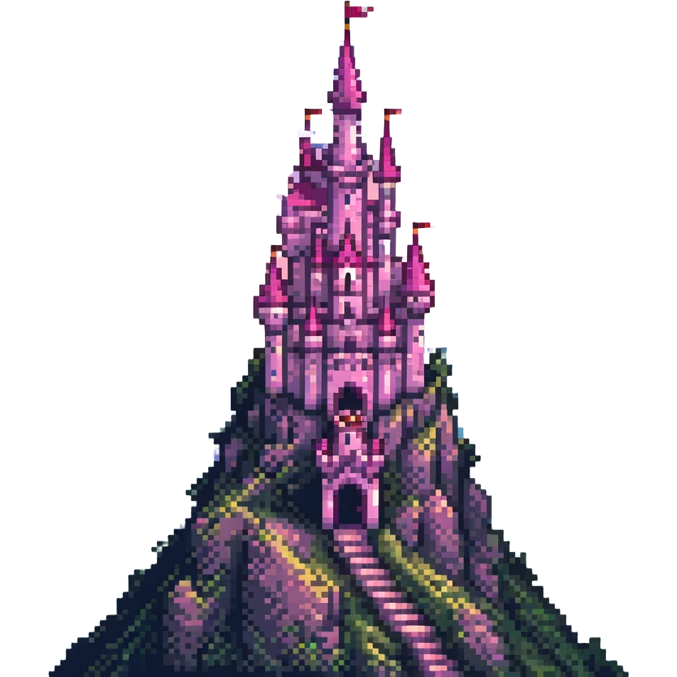 pink fantasy castle perched on a tall mountain, pixel art, cute and detailed, vibrant colors, magical vibe emoji