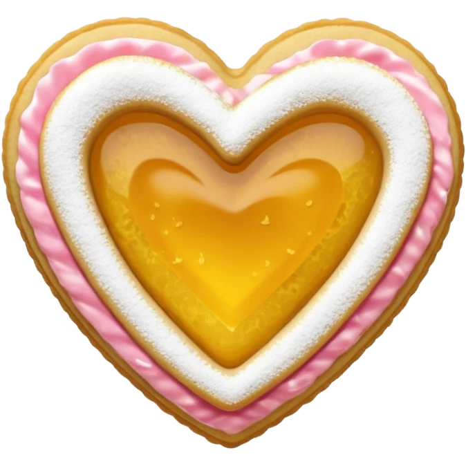 Realistic shortbread cookie in the shape of a heart with color of lemon jelly middle filling and sprinkled powder sugar on top. emoji