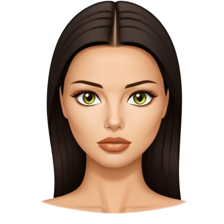 Mujer, ojos avellanados color verdes,sin labios, el color de ojos de adriana lima, cabello castaño oscuro y liso, nariz respingada, mentón prominente emoji