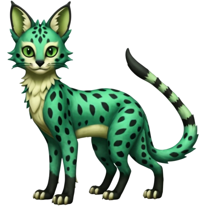 Epic complex detailed dark-deep-green, black, realistic Fakémon-Sprigatito-Floragato-Meowscarada-Trico-Sergal-Serval-Vernid-creature (full body) emoji