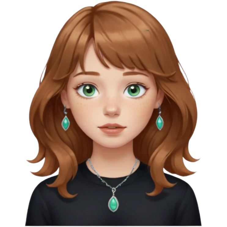 Woman with light cool brown wavy hair and curtain bangs, freckled fair skin, blue-green eyes, rosy lips, septum ring, soft natural makeup, delicate silver jewelry, relaxed expression. black shirt emoji