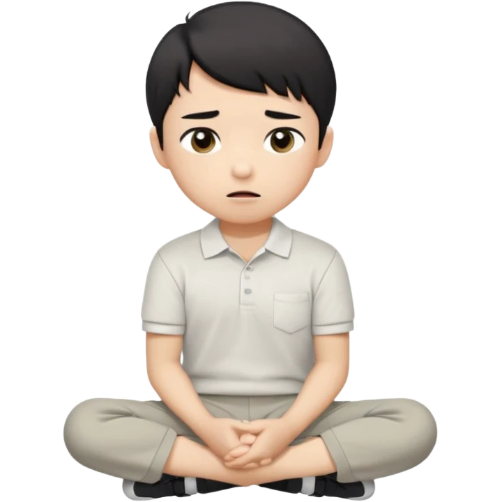 A cartoon young Asian boy with short black hair, light beige skin, and large expressive eyes, wearing a white polo shirt, gray pants, and black shoes. He sits cross-legged on the ground, one fist resting on his cheek, with a closed-mouth smirk. Clean lines, flat colors, solid black background. emoji