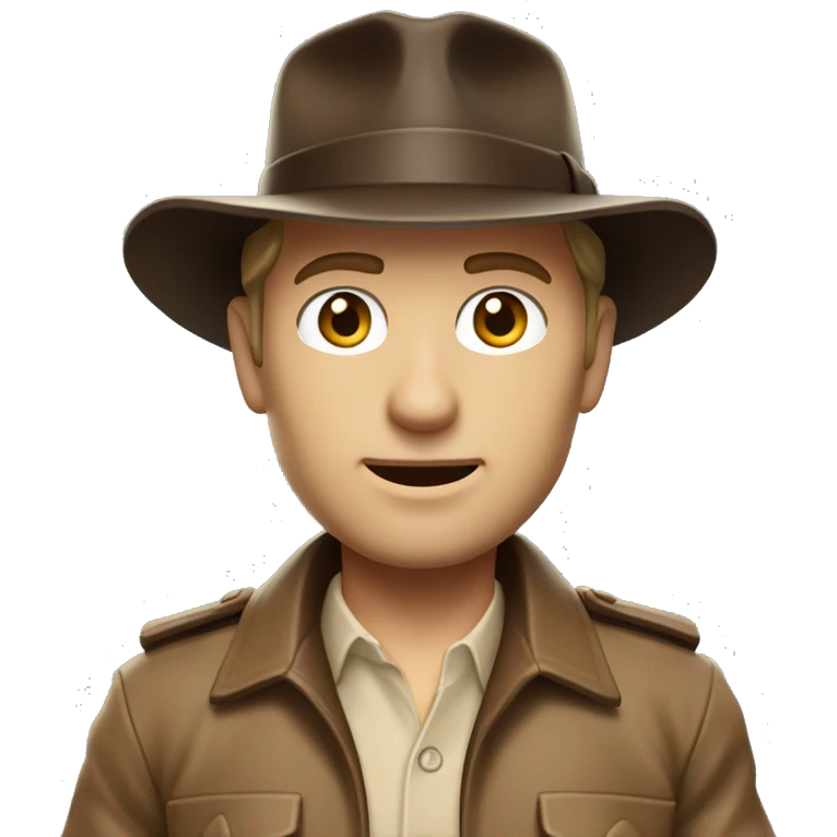 White Indiana Jones with a dark brown jacket and a brown hat, beige shirt emoji
