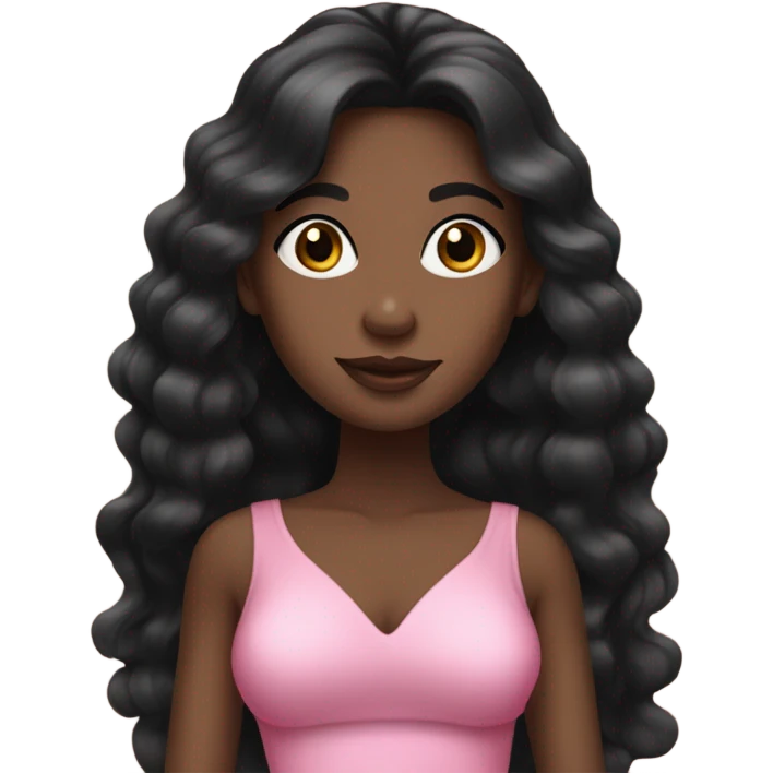 Black girl wearing a coquette pink dress with long black hair and beautiful skin emoji