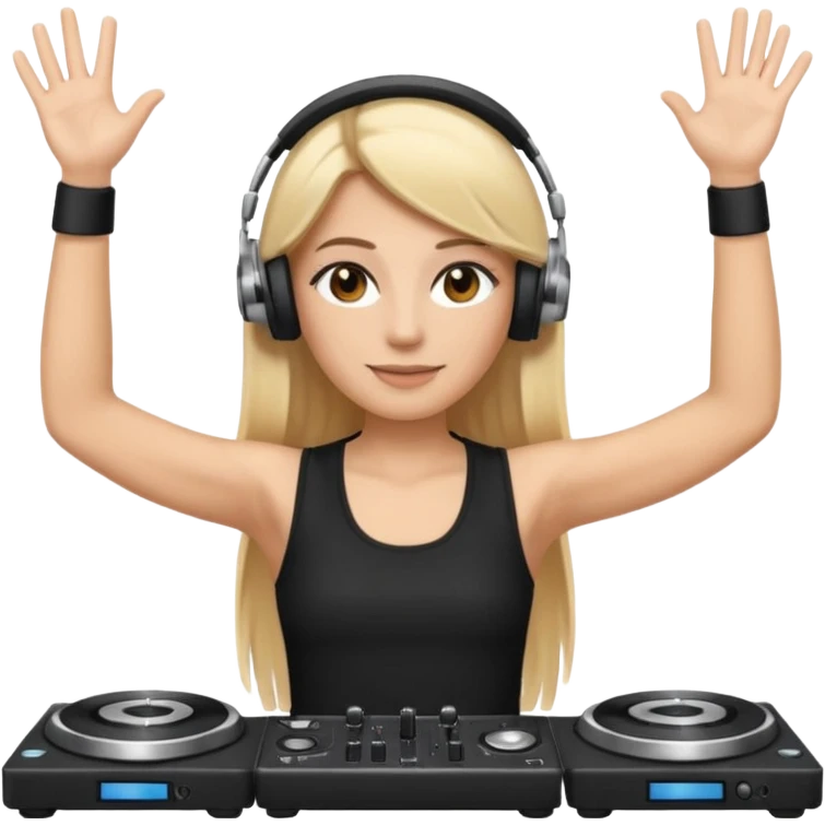 I want a white female dj animated gif emoji with long straight centre parting blonde hair, brown eye brows and putting hands up in the air. Wearing a black tight top with no sleeve. Also wearing DJ headphones  emoji