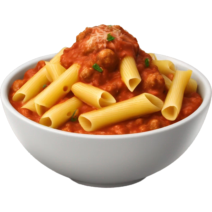 Penne with meatball sauce in a bowl and cheese o top emoji