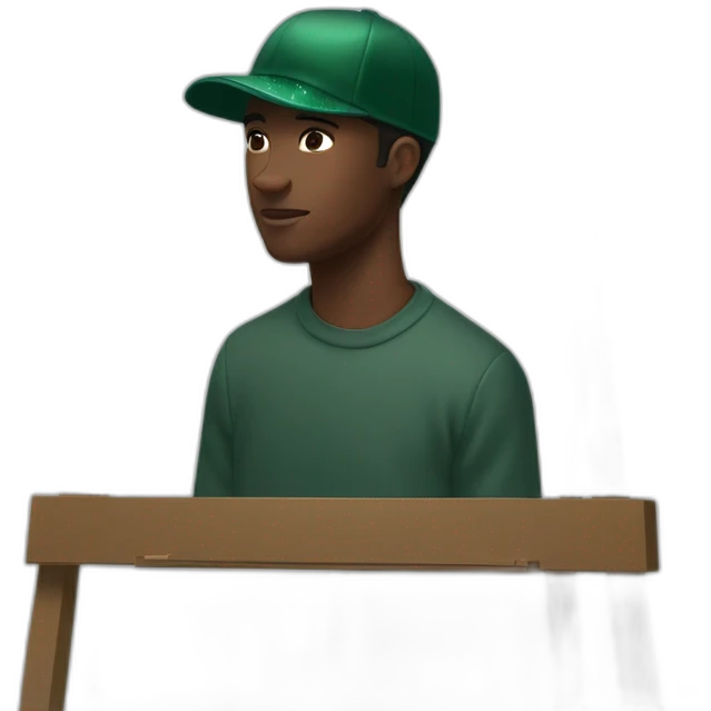 designer Say Willis holding an easel with sparkles behind him. He’s wearing a forest green Norse projects cap emoji