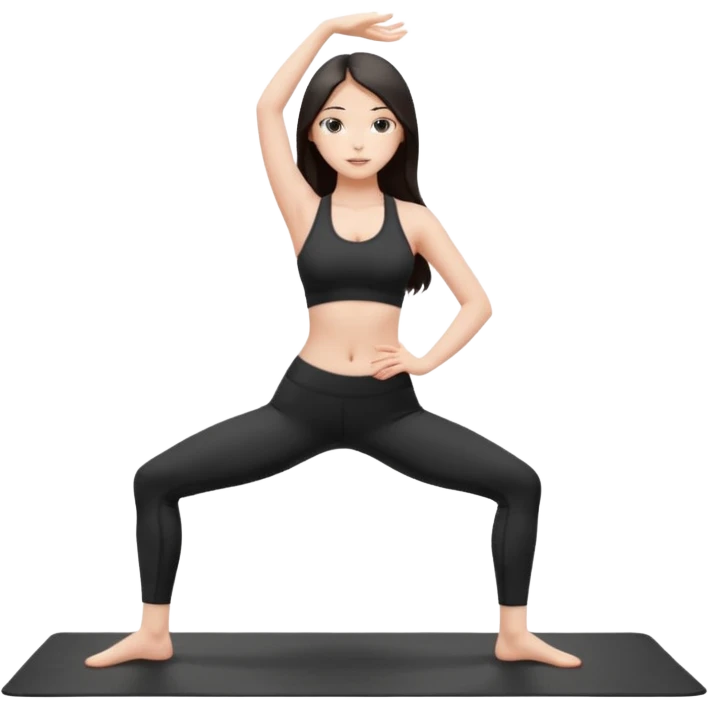 Девушка белокожая, с длинными темными волосами, в черной одежде для йоги, стоит в позе лотоса, в стиле бимбо пилатес, правильные пропорции, только человек, правильные ноги emoji
