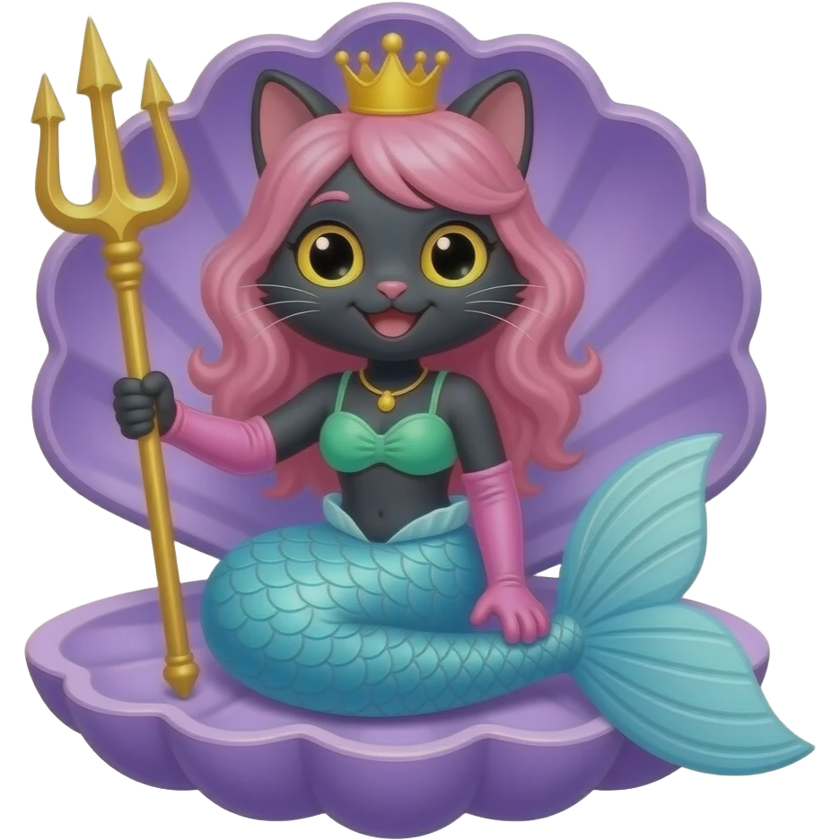 black anthro cat  happy light blue  mermaid tail with pink fins and long pink gloves  yellow hair crown green swimsuit sitting on an open purple clam holding a trident artistic creation, beautiful art cartoon style art kawaii style art clipart art emoji
