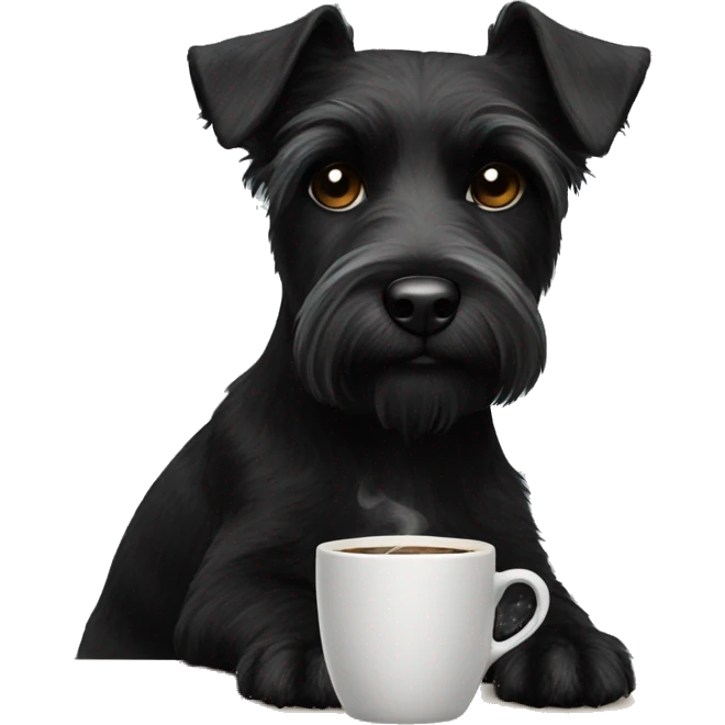 small black terrier sitting at a table drinking coffee emoji