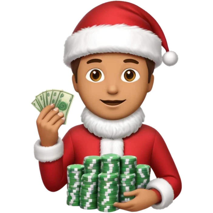 A confident rich emoji face wearing a Santa hat, money stacks, casino vibe, New Year theme, premium 3D emoji style, sharp details, no text, isolated on transparent background emoji