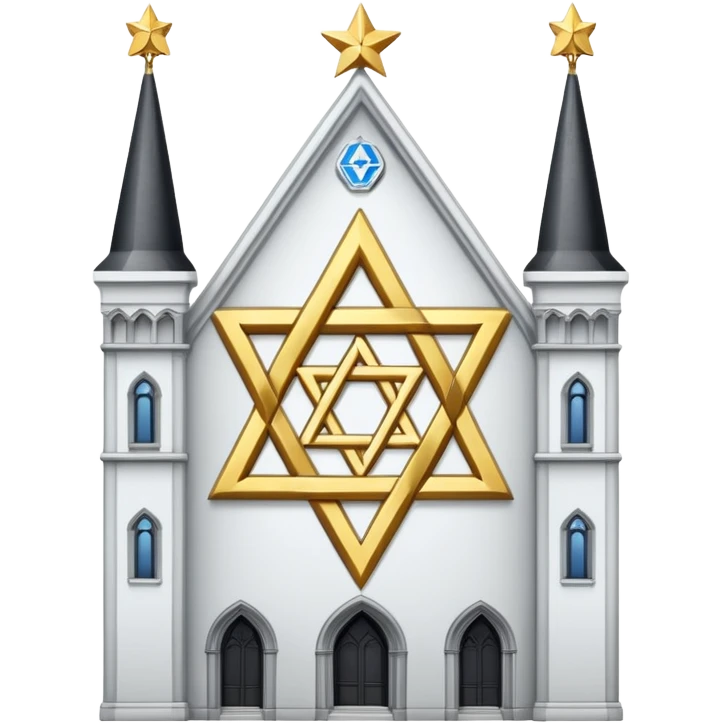 reform jewish synagogue similar in architecture to historical religious architecture in europe. the building should be white with silver/golden features, gothic architectural elements and star of david. no crosses. the emoji should be in ios emoji style. emoji