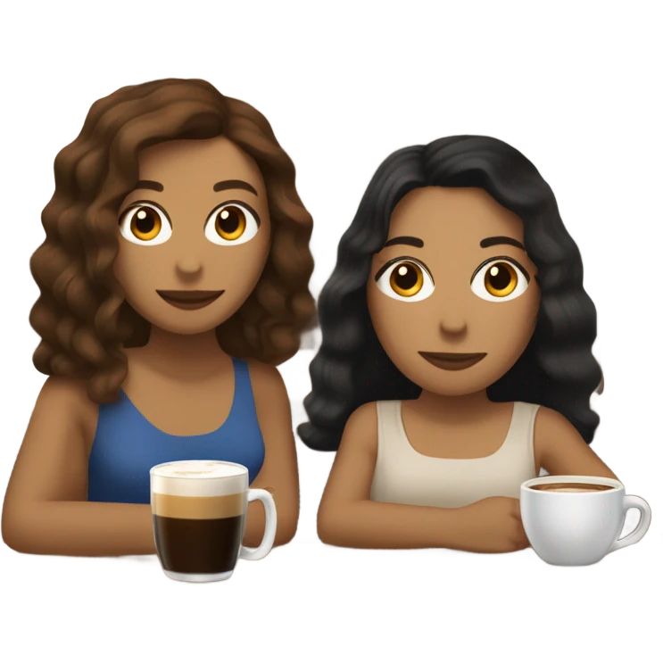 puerto rican woman light skin with shoulder-length, wavy, brown hair drinking latte with Roman woman with black, straight hair drinking espresso at table emoji