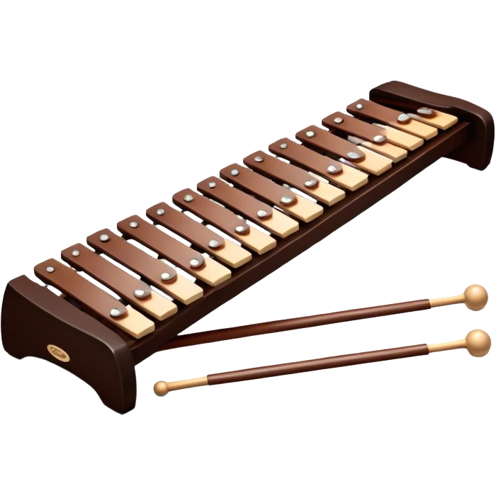 Create a detailed and professional emoji representing a Fleet FLT-SX37 orchestral long wooden xylophone. The design should showcase the large, wooden bars of the xylophone arranged in a traditional layout, with a polished, smooth finish. The bars should be dark brown or mahogany, with soft metallic reflections on the resonators underneath. Include two mallets with rubber or wooden heads resting on the bars, emphasizing their role in striking the notes. The xylophone should have a sophisticated and professional appearance, with clean lines and a polished look. Add subtle musical notes or sound waves to represent the vibrant sound produced by the instrument. The background should be transparent. emoji