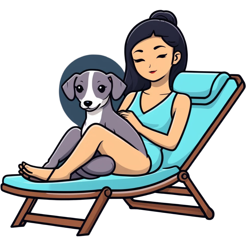 Very thin Chinese woman with long black hair relaxing on a spa lounger with exactly ONE Italian greyhound. CRITICAL REQUIREMENT: the dog must be ONE SOLID DARK CHARCOAL GREY COLOR from nose to tail with NO WHITE or LIGHT AREAS anywhere - NO white face, NO white muzzle, NO white chest, NO white paws, NO white tail tip - NOTHING BUT A SINGLE SHADE OF DARK GREY throughout the entire animal emoji