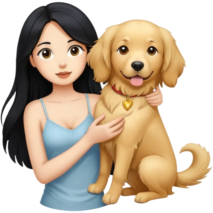 Long black hair - a girl in a camisole holding a golden retriever emoji