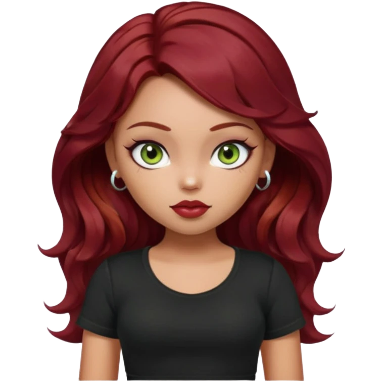 a pretty fair bratz girl with wavy dark red hair, wearing a black tee. eyeliner on, olive green eyes. Till stomach emoji