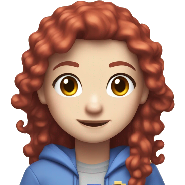 a white girl with long red curly hair and freckles, wearing periwinkle Minecraft hoodie playing a videogame smiling emoji